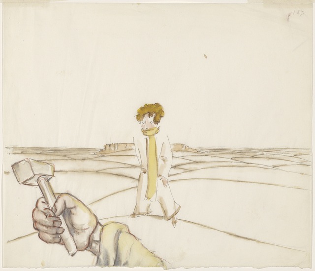 MA 2592.32 Saint-ExupeÌry, Antoine de, 1900-1944.   Le petit prince et la main du pilote tenant un marteau  [New York, 1942]