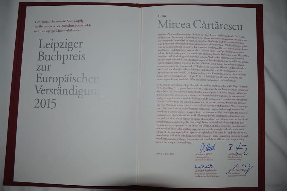 premiu Mircea Cărtărescu la Leipzig